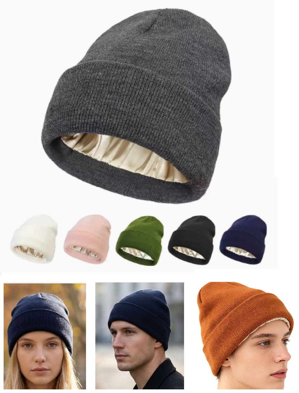 Unisex Satin Lined Knit Beanie - Beanie Cuffed Knit 评论和价格